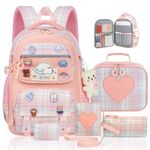 LEWKANA Cute Backpack for Girls, 5 Pack Kawaii Backpack Aesthetic Backpack with Lunch Box Set, School Bookbag for Kids Teen, Pink, Cute Kawaii