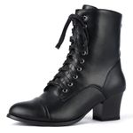 Pixoecuty Black Short Ankle Boots Lace Up for Women Side Zipper Victorian Booties Block Chunky Mid Heel Black US 9