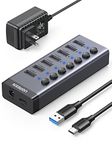 UGREEN Powered USB Hub 3.0,7 Ports USB Splitter with 4 Smart Charging Ports Aluminum Individual LED Power Switches USB Extension 12V 2A Charging Adapter for PC Laptop, MacBook Pro Air Mini