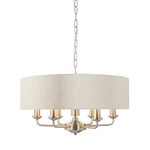 CELESTE Decorative Pendant Ceiling Light - Brushed Chrome 6 Way Multi Arm Pendant with a Natural Coloured Fabric Shade - Height Adjustable Pendant Lamp - E14 Candle - Indoor Dimmable Light