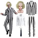 5 Pcs Men Black and White Striped Suit Scary Halloween Costumes Adults with Costume Wig Tie Shirt (X-Large)