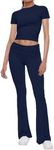 AnotherChill Women's 2 Piece Lounge Sets Fold-over Flare Pants Set Short Sleeve Crop Top Casual Outfits Comfy Loungewear, Navy-blue, X-Small Petite