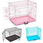 Dog Crate Home Pet Cage Dog Cat Puppy Training Folding Metal Crate Fence with Tray, Animal Transport Pet Carrier with Double-Door, Easy to Clean, Pink (24 Inch: 63x44x50.5cm)