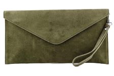 LeahWard Wrist Strap Genuine Italian Suede Leather Envelope Clutch Bags Party Wedding Purse Handbag Cross Body Bag CW01 (Olive)