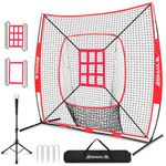 BAGAIL 7x7 ft Baseball & Softball Practice Net with Bow Frame for Batting, Hitting, Pitching, Portable Baseball Throwing Net with 2 Strike Zone Batting Tee, Carry Bag, Great for All Levels