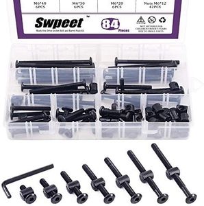 Swpeet 120Pcs Black M6 × 20/30/40/50/60/70/80mm Crib Hardware Screws Kit, Hex Socket Head Cap Crib Baby Bed Bolt and Barrel Nuts with 1 x Allen Wrench Perfect for Furniture, Cots, Crib Screws