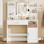 TEENFON Vanity Desk with Mirror and LED Lights, Makeup Vanity with Large Drawer, 4 Shelves and 5 Jewel Hooks, Dressing Table with Cabinet & Open Compartment for Bedroom, White