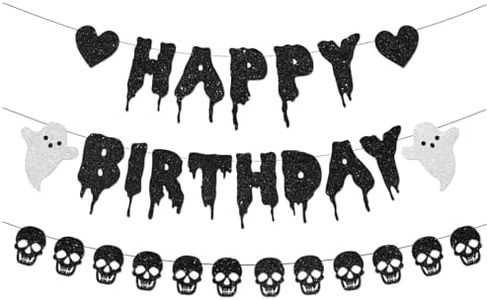 Black Glitter Halloween Birthday Banner Black Heart Skull Garland Halloween Happy Birthday Decorations for Halloween Birthday Party Decorations Theme Baby Shower Supplies