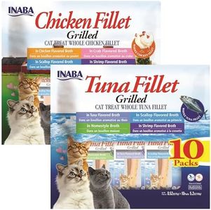 INABA Natural, Premium Hand-Cut Grilled Tuna and Chicken Fillets Cat Treat/Topper, 20 Fillet Variety Pack of 8 Different Flavors