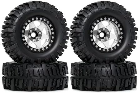 REDSPIDER 4PCS 1.9" RC Crawler Tires Mud Slingers (OD 95mm/3.75") & Beadlock Wheels, Deep Dish -10.4mm Negative Offset Rim for 1/12 MJX H12Y, MN128, MN82S, LC79 (Silvery)
