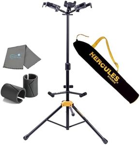 Lumintrail Hercules GS432B PLUS Triple Guitar Stand, Auto Grip System, Foldable Backrest, Fits Guitar Neck Sizes 1.57” - 2.05” with Hercules GSB001 Carrying Bag and a Cleaning Cloth