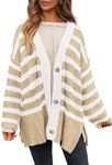 PRETTYGARDEN Women's Winter Striped Cardigan Sweaters Long Sleeve Button Down Open Front Chunky Knit Oversized Sweater Coat (Striped Khaki White,X-Large)