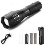 amiciVision Metal LED Flashlight, XHP50 LED Water Resistant Zoomable Torch with 5 Lighting Modes for Camping, Hiking with 2x18650 Battery and Battery Charger