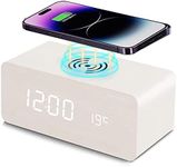 Wooden Digital Alarm Clock with Wireless Charging, 3 Alarms LED Display, Sound Control and Snooze Dual，Adjustable Brightness, Time Temperature (White)