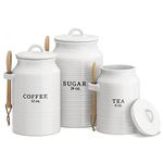 Barnyard Designs Kitchen Canister Set, Airtight Ceramic Containers with Wooden Spoons, Decorative Coffee, Sugar, and Tea Storage for Kitchen Counter, Rustic Farmhouse Decor, White, Set of 3