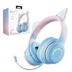 Daemon Headphones, Bluetooth Wireless Headphones for Kids Teens Adults, Over-Ear Bluetooth Headphones with Microphone, Cat Ear Headphones for Girls Women (Pink Blue with Mic)