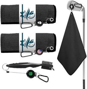 Amy Sport Golf Towels for Golf Bags for Women Men Value 2 Pack with 3 Strong Magnetic Retractable Carabiner and Black Brush, 16''X16'' Microfiber Waffle Pattern Towel Absorbent Set (Dark Black)