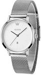 OLEVS Silver Watch for Women Small Wrist White Stainless Steel Analog Watch Ultra Thin Big Face Womens Dress Watch Waterproof Elegant Ladies Watches for Women with Date Reloj para Mujer