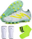 brooman Kids Firm Ground Soccer Cleats Boys Girls Football Shoes with Shin Guards and Soccer Socks (9,White Green)