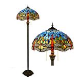 GDLight Tiffany Style Dragonfly Reading Floor Lamp Mediterranean Blue Stained Glass Floor Lamp with Pull Chain for Bedroom Living Room, 63 Inch Tall