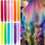 12 Pcs Colored Clip in Hair Extensions, 22 Inch Colorful Rainbow Highlights Hairpieces Straight & Long Heat-Resistant Synthetic Hair for Kid Girls Women Party Hair Decor (12Pcs-Colorful)