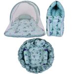Kwitchy Baby Bed New Born Baby Bedding Set | Mattress | Cotton | Sleeping Bags | Essential | Reversible Nest | Mosquito Net | Bed Combo | Gift Packs (Green, 0-6 Months) (3PCS Set)