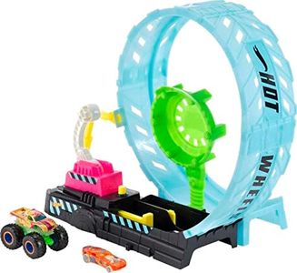 ​Hot Wheels® Monster Trucks Glow in The Dark Epic Loop Challenge™ Playset with Launcher, Ramp & Giant Loop, Includes 1 1:64 Scale Die-Cast Truck & 1 Car, Toy Gift for Kids 4 to 8 Years Old