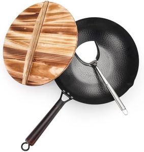 Kordisen Carbon Steel Wok Pan with Lid, 12.6inch Flat Bottom Wok, Woks & Stir Fry Pans for Induction, Electric, Gas Stoves, No Chemical Coated Chinese Wok