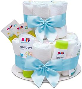 MilaBoo® Torta di pannolini da ragazzo a 2 piani con prodotti di alta qualità di HIPP, regalo speciale per nascita, regalo personale per battesimo e baby shower (blu)