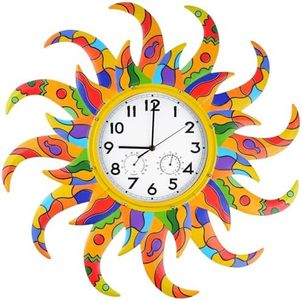 Jusimux 25-Inch Sun-Shaped Outdoor Clock and Thermometer Set, 10-Inch Dial, Battery Powered, Waterproof, Silent Quartz Movement (Colorful)