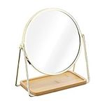 Navaris Vanity Mirror with Tray - Double-Sided Table Top Makeup Mirror with 1x/2x Magnification and Bamboo Base - For Bathroom, Bedroom, Desk - Gold