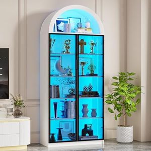 FREDEES Arched Display Cabinet with Doors, 76" Tall Curio Cabinet with Adjustable Shelves/3 Colors LED Lights, 6 Tier Display Case for Collectibles Bedroom Living Room Office, White
