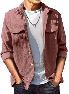 JMIERR Men's Corduroy Button-Down Shirts Casual Long Sleeve Fall Shacket Jacket with Flap Pocket for Men, L, D Pink