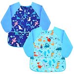 Fiodrimy 2 PCS Kids Smock Dinosaur Apron, Waterproof Aprons for Kids with 3 Center Pockets Long Sleeve Art Aprons for Painting Baking Gardening 2-7 Years