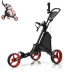 SPOTRAVEL 3 Wheel Golf Push Pull Cart, Folding Golf Trolley with in Foil Coated Storage Bag, Elastic Strap, Adjustable Umbrella & Cup Holder, Portable Golf Bag Holders (Red)