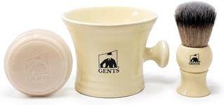 G.B.S Heavy Duty Ceramic Ivory Shaving Set - Mug with Knob Handle, Faux Ivory Handle Shaving Brush and Natural Shave Soap