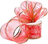Belle Vous Red Organza Christmas Ribbon - 10m x 6.3cm Wide Wired Glittery Snowflake Christmas Tree Ribbon for Xmas Tree Decorations - Red Organza Ribbon for Gift Wrapping Crafts Party Decoration