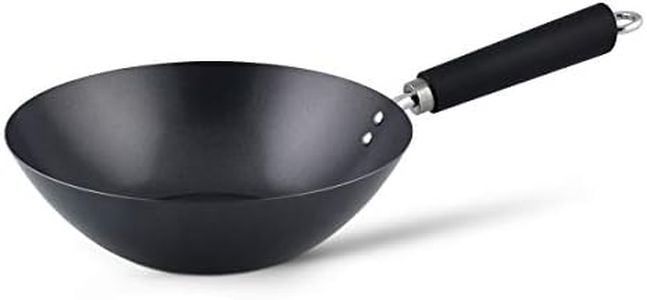 Ken Hom Carbon Steel Wok, 27cm, Excellence, Induction Hobs Suitable/Metal Tool Safe/Phenolic Handle, Includes 1 x Chinese Wok Pan, KH427001