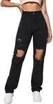 SweatyRocks Women's Casual Loose Ripped Denim Pants Distressed Wide Leg Jeans Black L