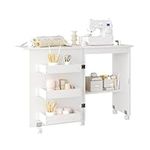 Flrrtenv Folding Sewing Table Multipurpose Craft Station & Side Desk with Compact Design, Wheels, Shelves, Bins, Pegs, Magnetic Doors, Metal Doorknobs - White