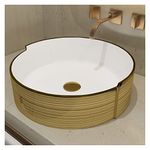 MEJE 16.75 Inch Luxury Gold Stripes Round Art Basin, Above Counter Bathroom Vessel Sink, Porcelain Ceramic Countertop Sink(Include pop up Drain)