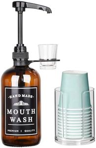 Amber Glass Mouthwash Dispenser for Bathroom with Reusable Cup Holder and Pump, Glass Cup and Clear Plastic Paper Cup Dispenser Included, 16 Oz Rustic Boho Mouthwash Dispenser Farmhouse Decor