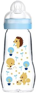 MAM Feel Good - Biberón de cristal (260 ml), biberón con boca ancha, estable botella con tetina, tamaño 1, desde el nacimiento, erizo/ardilla, Instrucciones en Lengua Extranjera