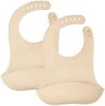 Mombella Silicone Bibs For Babies 6-12 Months, Waterproof Adjustable Baby Bibs For Eating, Flexible Toddler Bibs With Food Catcher For Boys Girls, Washable Baby Feeding Esentails, Brown, 2 Pack