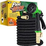 Flexi Hose with 8 Function Nozzle Expandable Garden Hose, Lightweight & No-Kink Flexible Garden Hose, 3/4 inch Solid Brass Fittings and Double Latex Core, 50 ft Black