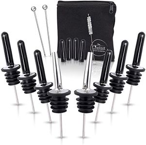 Chefast Liquor Bottle Pourers Set: Combo Kit of 8 Stainless Steel Pour Spouts, 10 Long Dust Caps, 2 Cocktail Picks, Brush and Storage Bag - Metal Toppers for Alcohol Bottles, Olive Oil and More