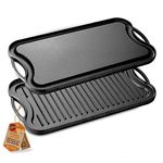 NutriChef Cast Iron Griddle Reversible- Flat & Grilled, Heavy Duty BBQ Skillet Griddle, Extra Wide Flat Grill Pan, with Scraper, Safe for Induction, and All Stovetops