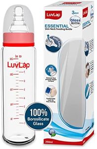 LuvLap Essential Slim Neck Glass Feeding Bottle, 250Ml, 3M+/Babies Upto 3 Years, Made of Borosilicate Glass, Bpa Free, Ergonomic Shape is with Anti Colic Nipple, Pack of 1, White & Red