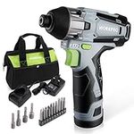 WORKPRO Cordless Impact Driver Kit, 1/4” Hex Electric Impact Drill/Driver Set with 12V 2.0Ah Lithium-ion Battery, 1 Hour Fast Charge, Variable Speed, 14pc Driver Bits and Tool Bag (UK 3-pin Plug)