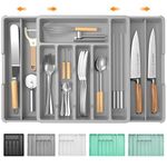 KreuRaxy Expandable Silverware Cutlery Utensil Organizer Tray for Kitchen Drawers, 13 to 22.8 Inch Adjustable Design with 2 Divider, Large Flatware Tableware Tray for Spoon Spatula Forks Knives, Grey